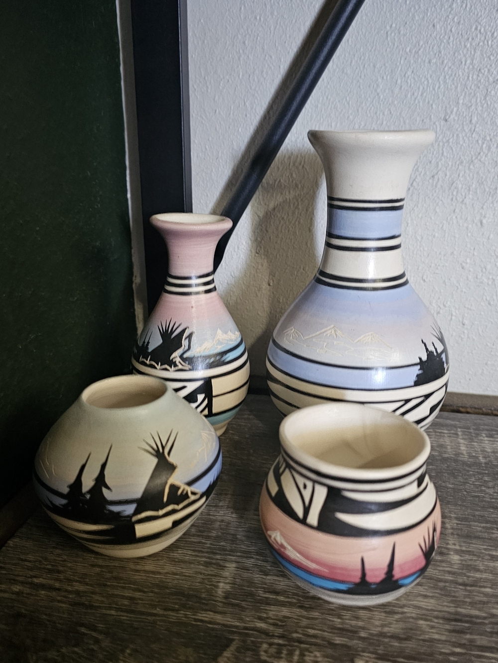 Hand-Painted Southwestern Ceramic Vases in Pastel Blue, Pink, Cream